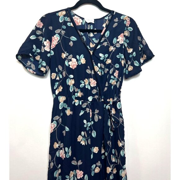 Sienna Sky Navy Floral Wrap Jumpsuit Wide Leg Short Sleeve Lightweight Sz Small - Picture 4 of 8